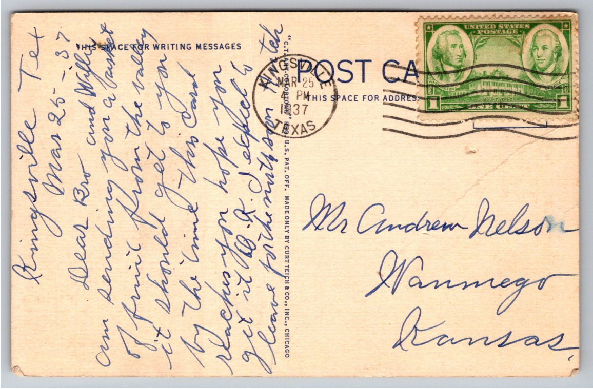 1935 Palm Drive, Lower Rio Grande Valley Texas Vintage Linen - Back / Reverse View