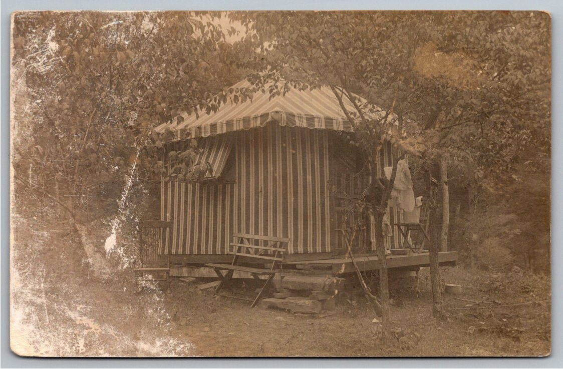 c. 1910 Striped Tent Cabin Linn Creek MO Ozarks Jas. Bruin RPPC