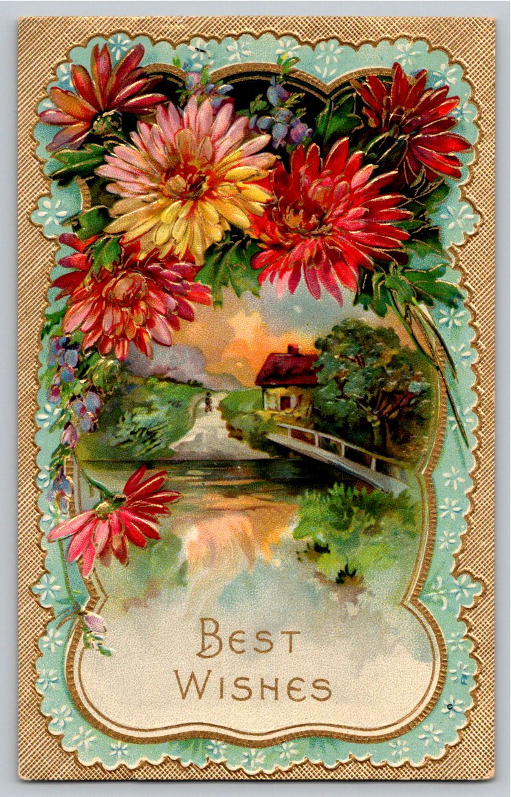 Antique 1900s German Embossed Best Wishes Cottage Floral Postcard