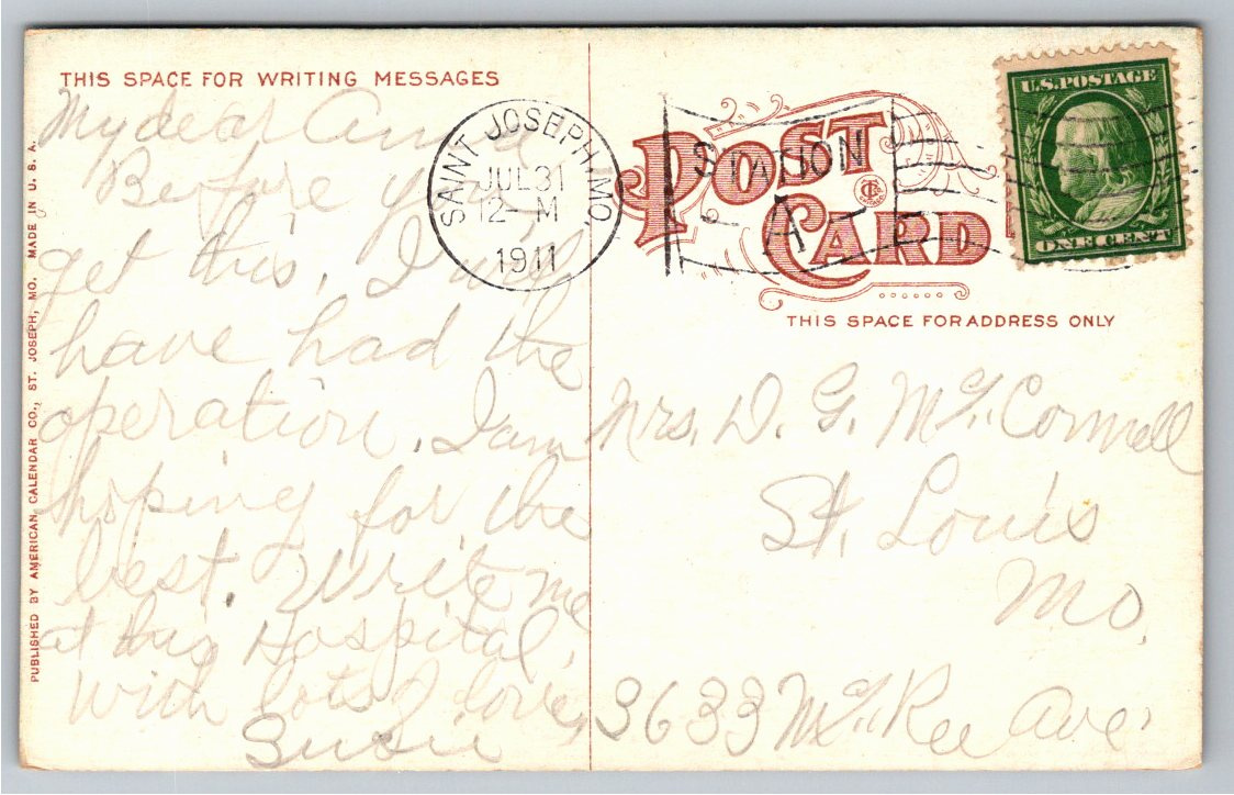 Antique 1911 St. Joseph Hospital Postcard | St. Joseph, Missouri - Back / Reverse View