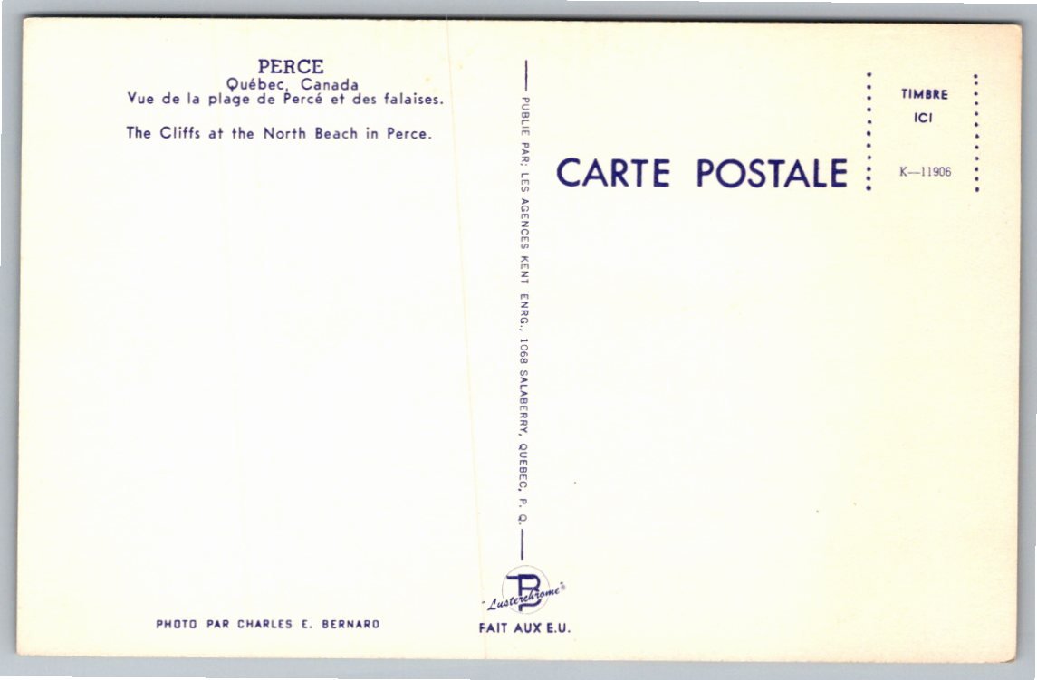 Percé Quebec Vintage Postcard: North Beach Cliffs & Boat View - Back / Reverse View