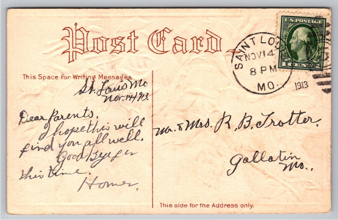 1913 St. Louis Floral Postcard: Embossed Pink Roses with Gold - Back / Reverse View