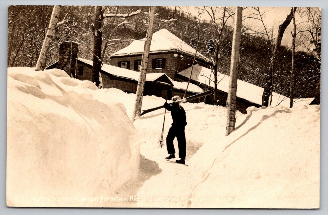 1930s Cannon Mountain Aerial Tramway Skier Real Photo Postcard