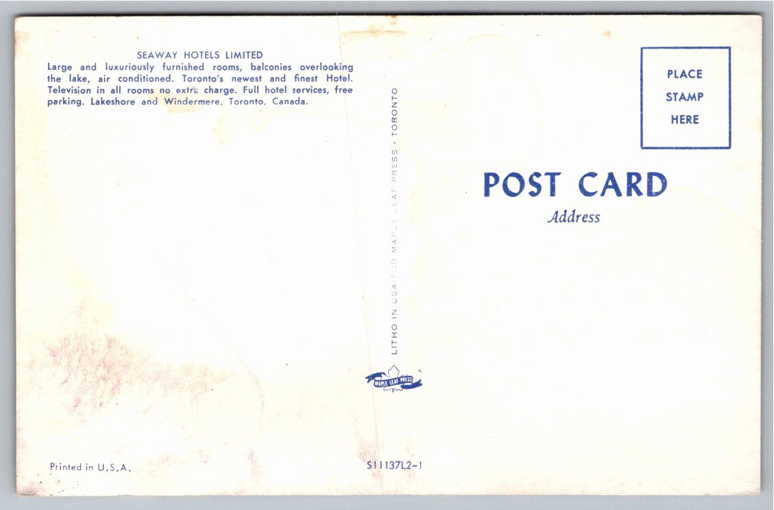 Vintage Seaway Hotel Toronto Postcard: Mid-Century Architecture - Back / Reverse View