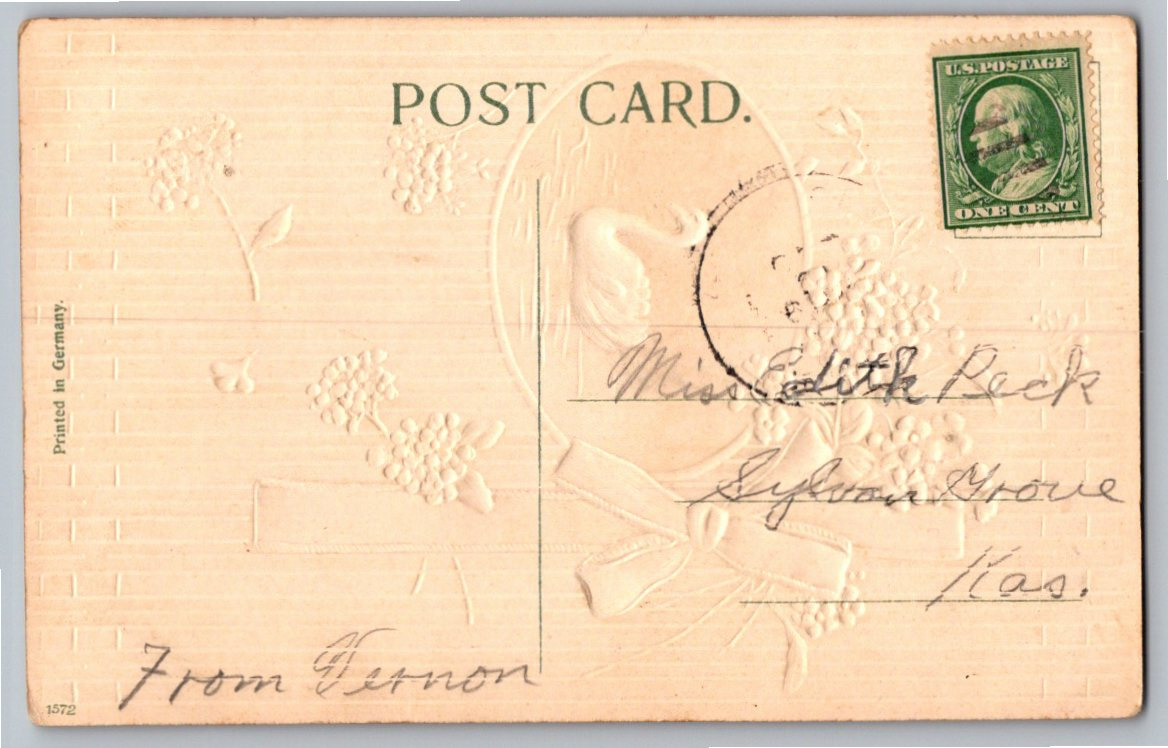 Antique 1900s German Embossed White Swan Lake Birthday Postcard - Back / Reverse View