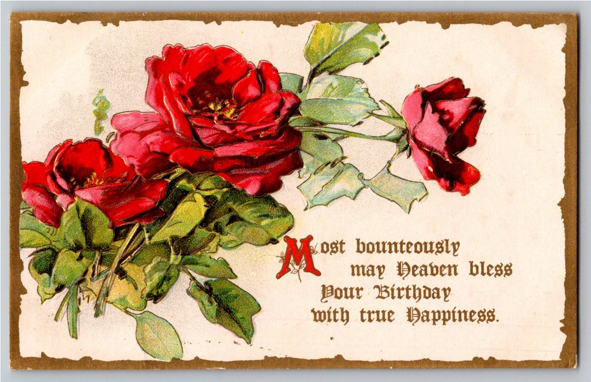 Antique 1910s Embossed Red Roses Floral Birthday Greetings