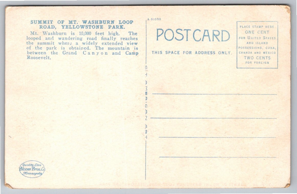 Vintage 1920s Yellowstone Postcard: Summit of Mt. Washburn Loop - Back / Reverse View