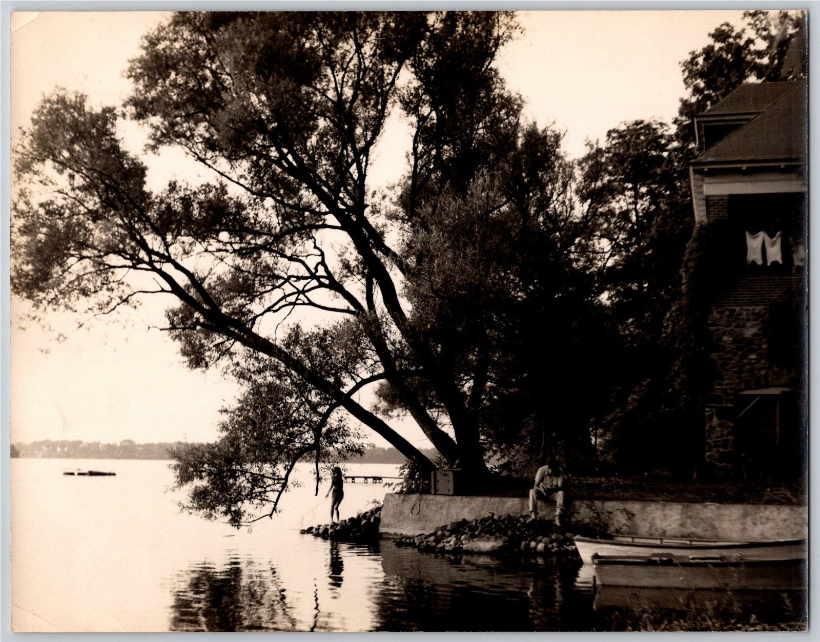 Vintage 1930s Lake Shoreline and Rowboat Oversized Snapshot Print