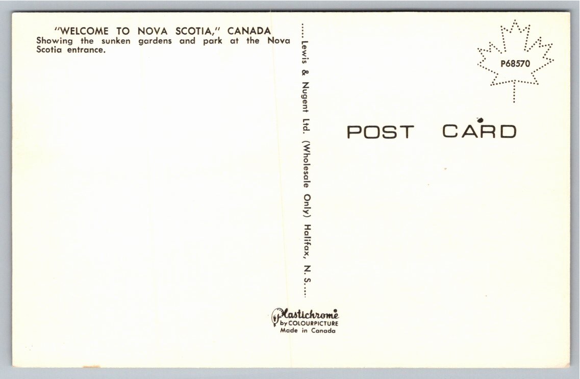 Vintage Nova Scotia Welcome Postcard: Bagpiper & Sunken Gardens - Back / Reverse View