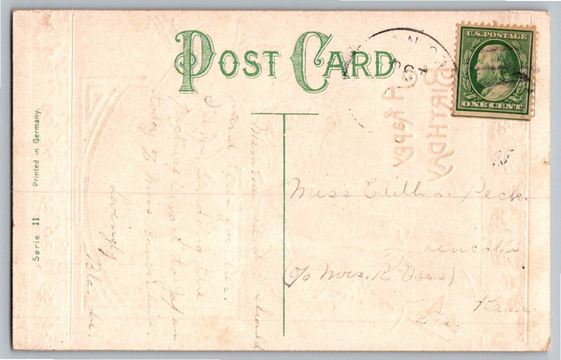 1900s Embossed Pink Roses & Winter Cottage Birthday Postcard - Back / Reverse View