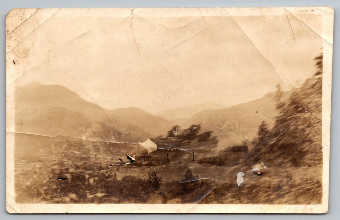 Vintage 1910s Mountain Valley Tent Encampment Sepia Snapshot