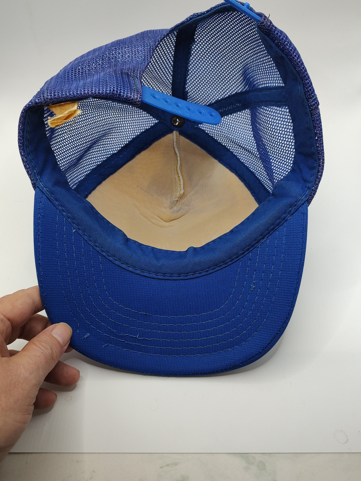 Vintage Amoco Fabrics & Fibers Blue Mesh Snapback Trucker Cap - Angle / View 2