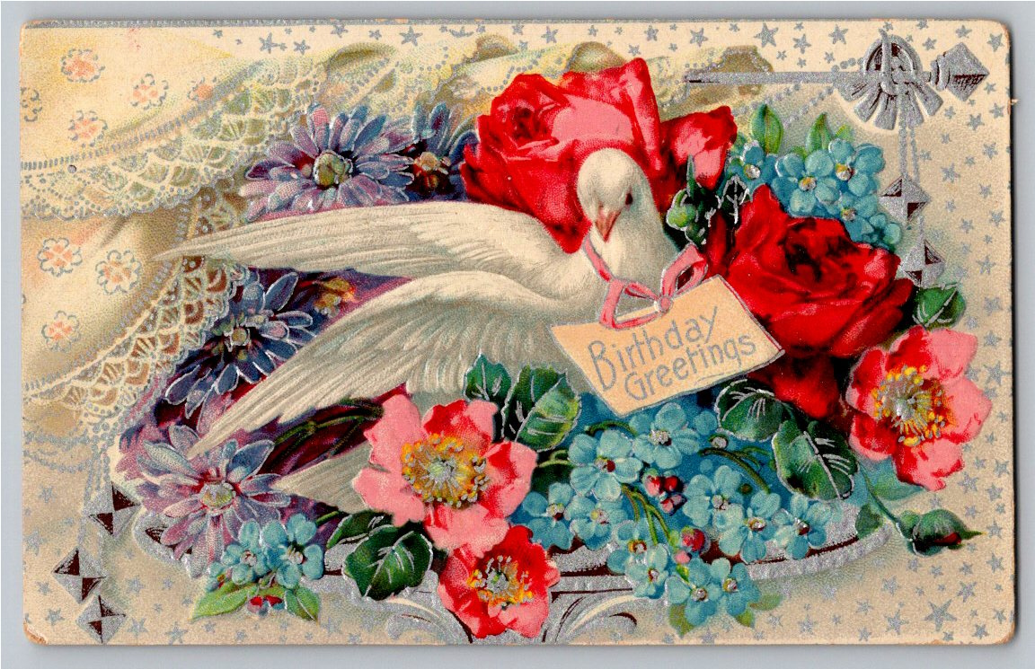 Antique 1910s German Embossed Birthday Postcard: Dove & Roses