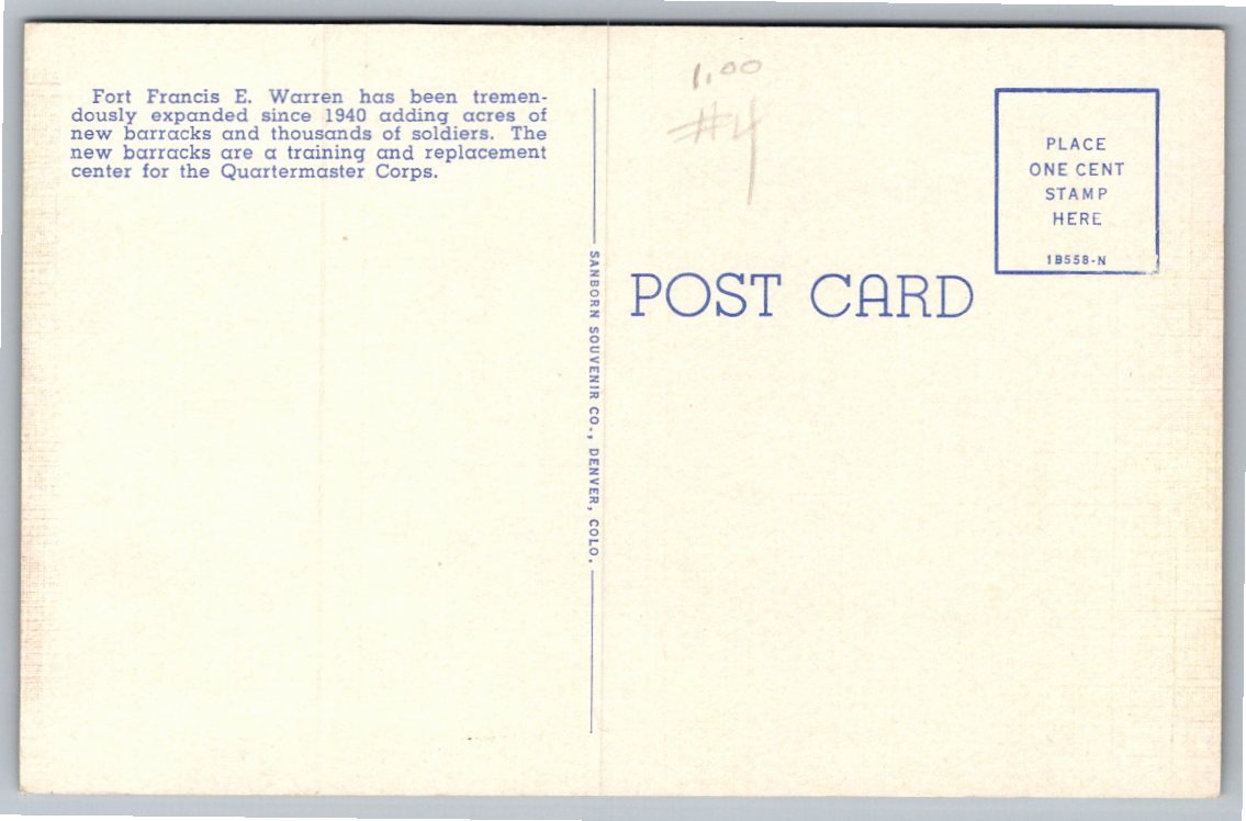 Vintage Fort Francis E. Warren Postcard: WWII Cheyenne Wyoming - Back / Reverse View
