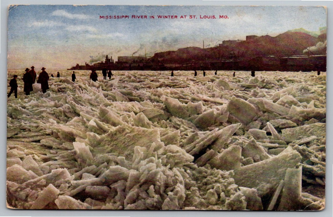 1907 Mississippi River Frozen Ice Walkers St Louis Postcard