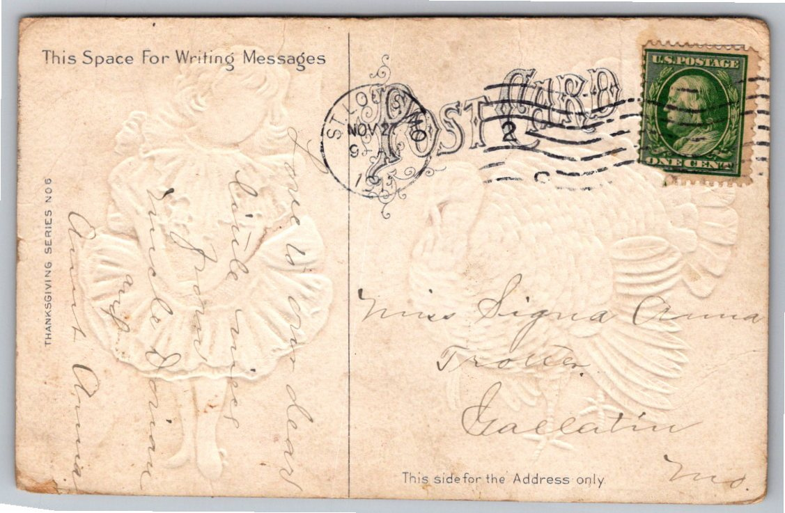 1910 Antique Embossed Thanksgiving Postcard: Young Girl & Turkey - Back / Reverse View