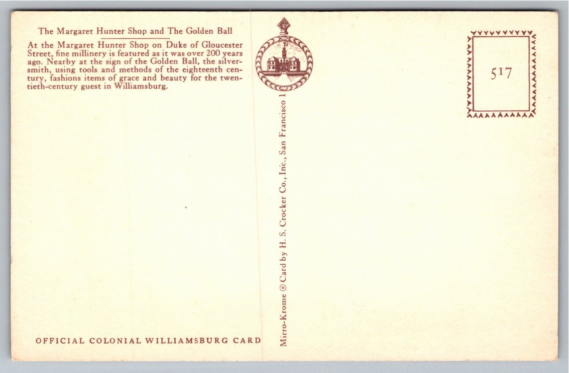 Vintage Williamsburg Postcard Margaret Hunter Shop & Golden Ball - Back / Reverse View