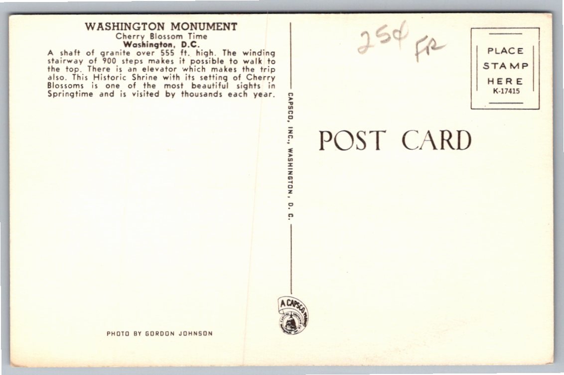 Vintage Washington Monument Cherry Blossom Time D.C. Postcard - Back / Reverse View