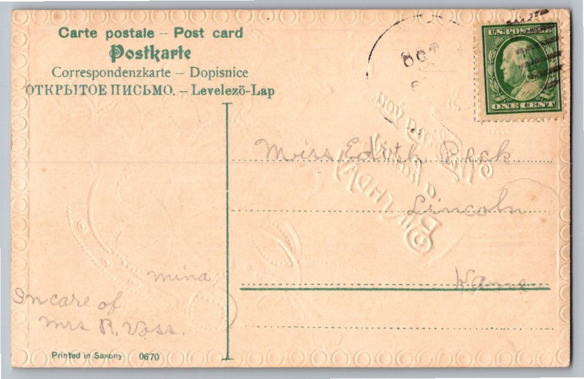 Antique 1900s Embossed Birthday Postcard Four Leaf Clover Saxony - Back / Reverse View