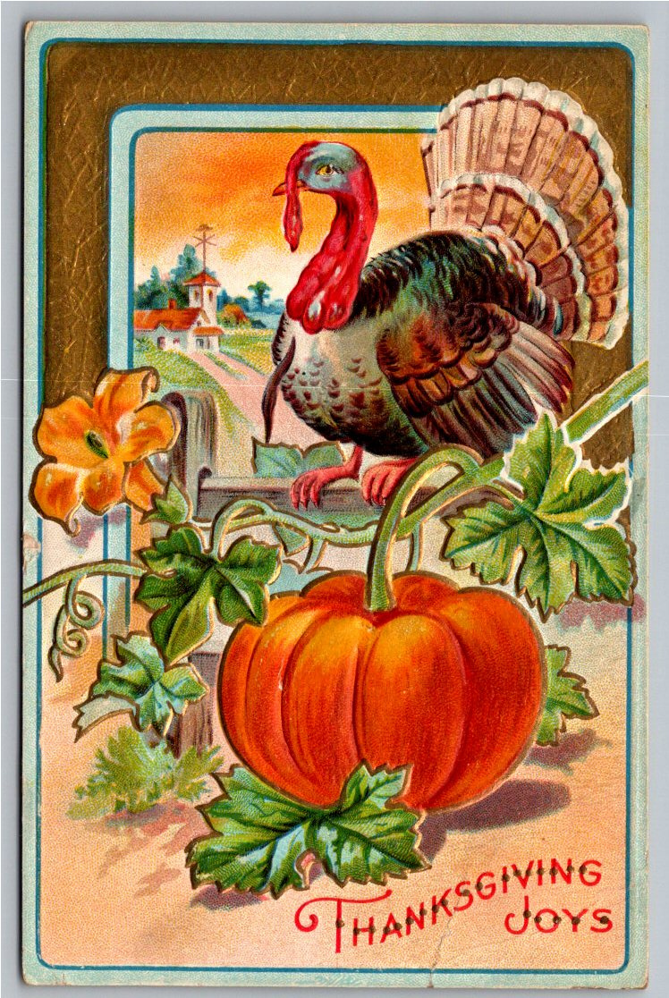 Antique 1910 Thanksgiving Turkey & Pumpkin Embossed Postcard