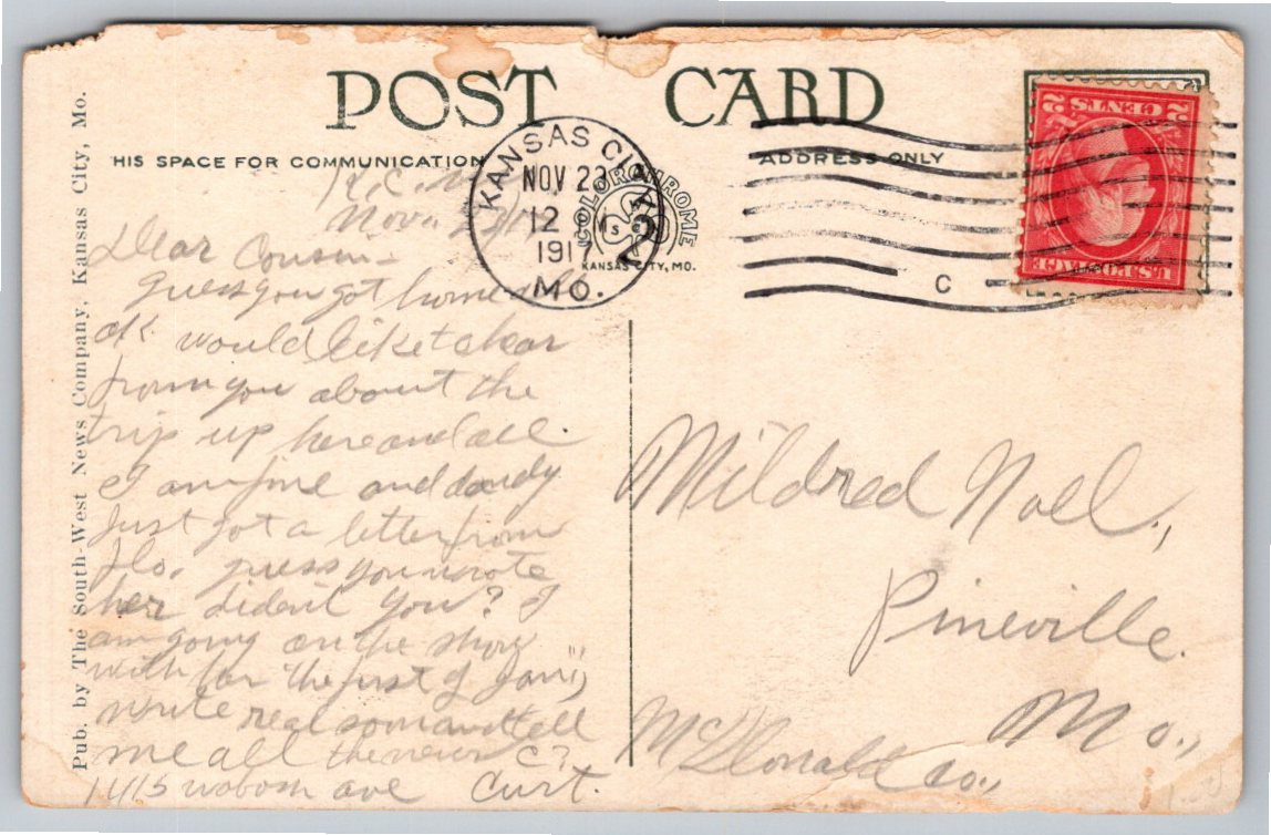 1917 Kansas City MO Night Scene Postcard: 11th & Main St - Back / Reverse View