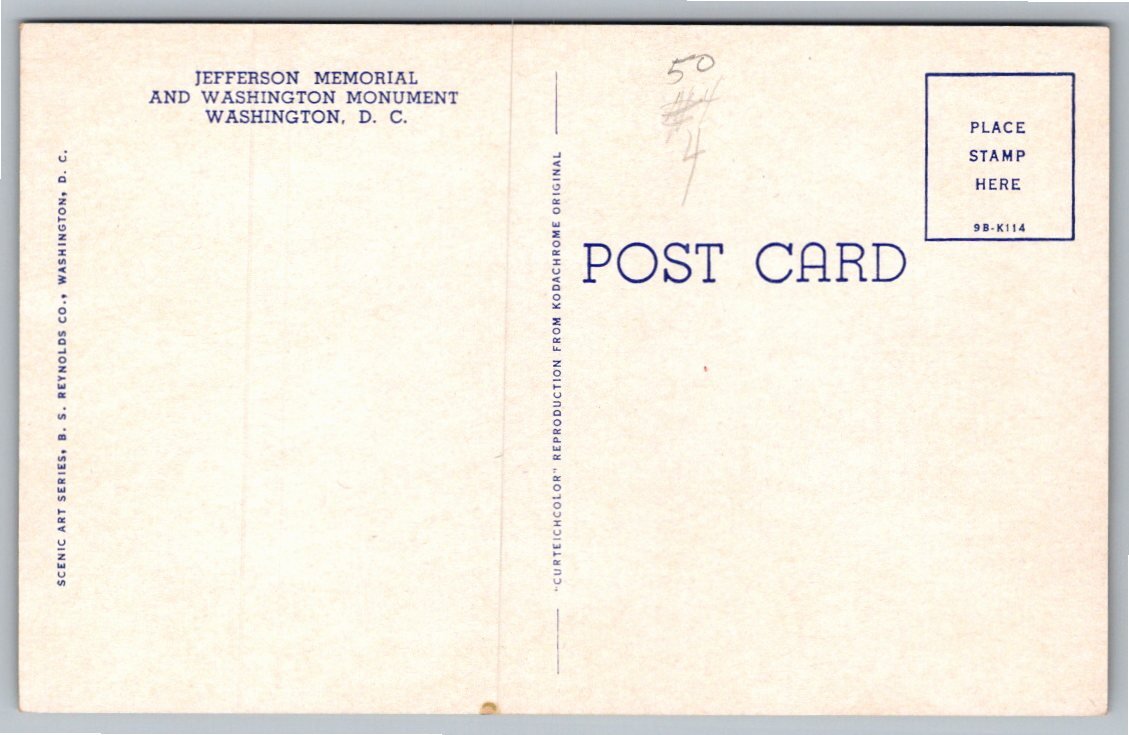 Vintage Jefferson Memorial Washington Monument Curteichcolor - Back / Reverse View