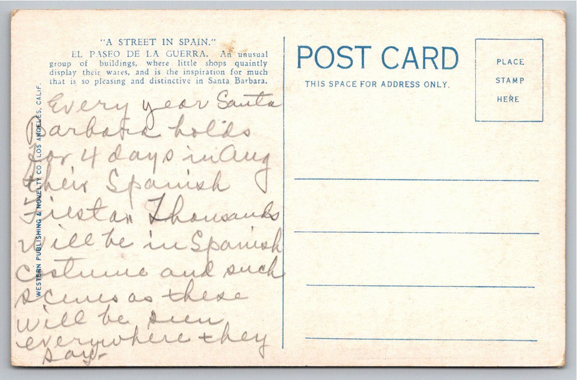 1930s Santa Barbara El Paseo Street in Spain Vintage Postcard - Back / Reverse View