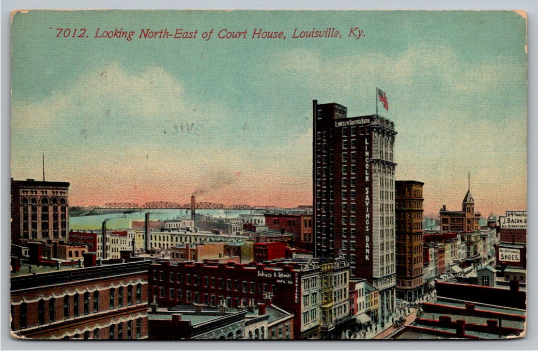 1914 Louisville Skyline & Lincoln Savings Bank Vintage Postcard