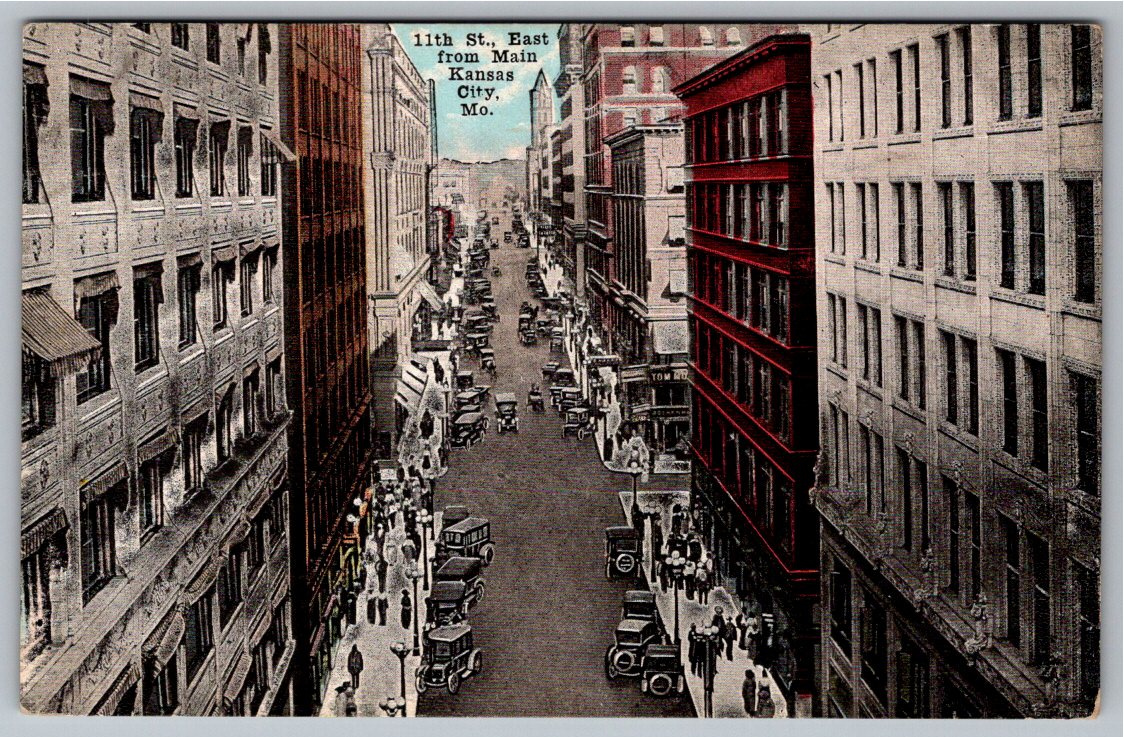 Vintage 1920s Kansas City MO 11th St East Streetscape Postcard