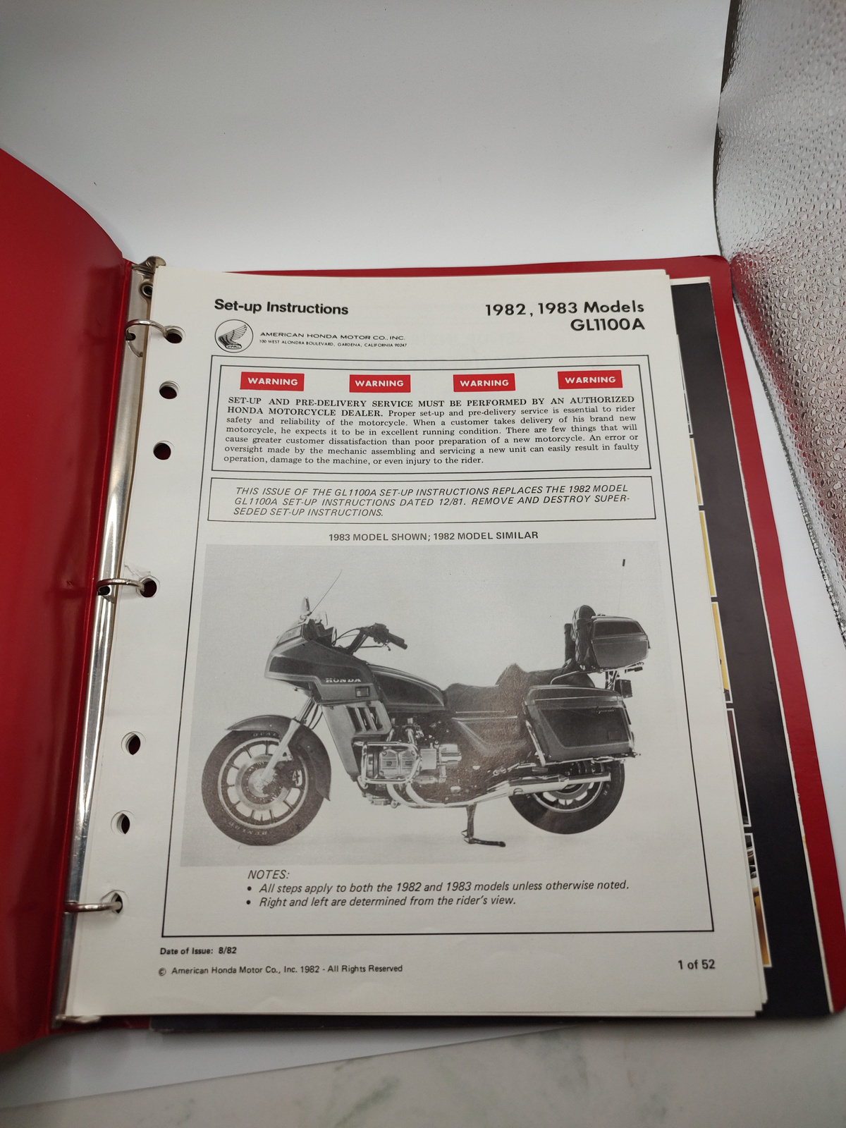Vintage 1982-1983 Honda Gold Wing GL1100A Dealer Set-Up Manual