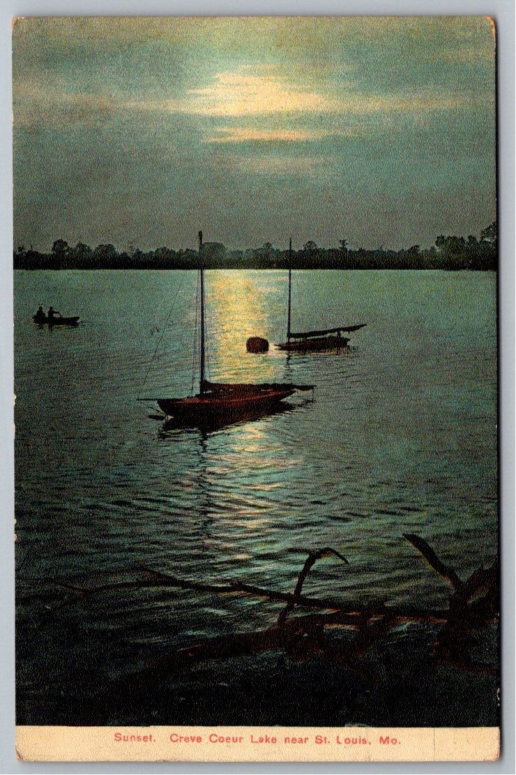 Antique 1909 Creve Coeur Lake Sunset Sailboats Litho Postcard