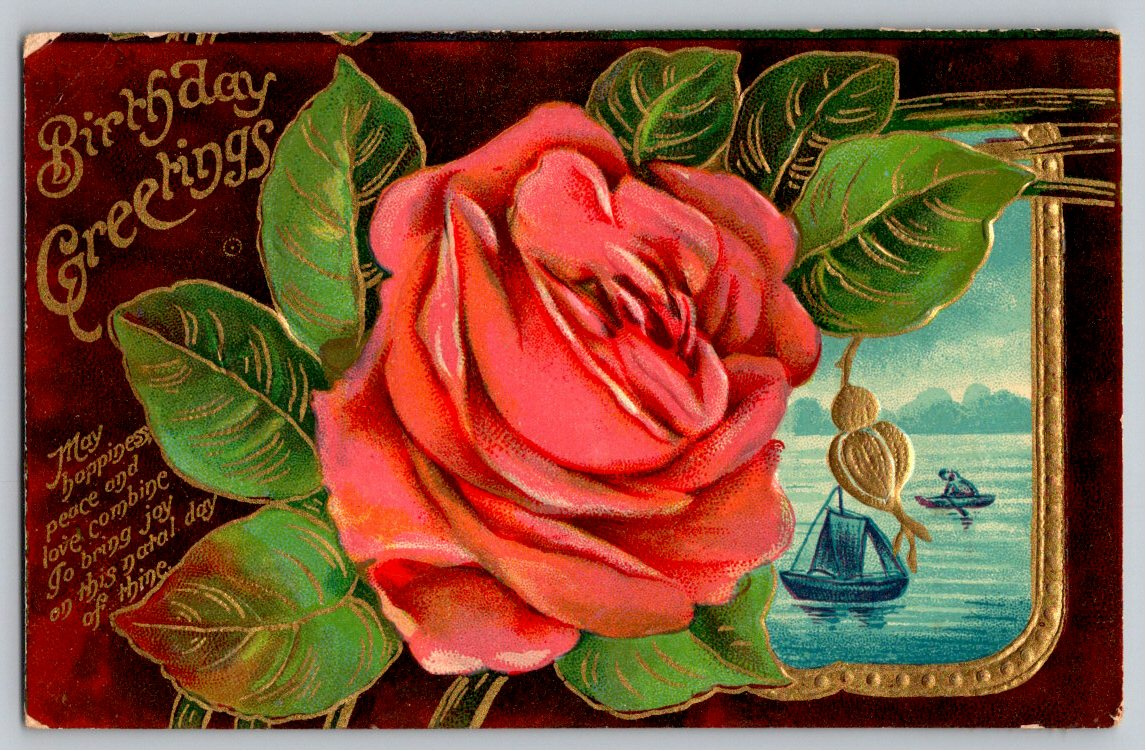 Antique 1909 Embossed Birthday Rose Sailboat Postcard Smithtown