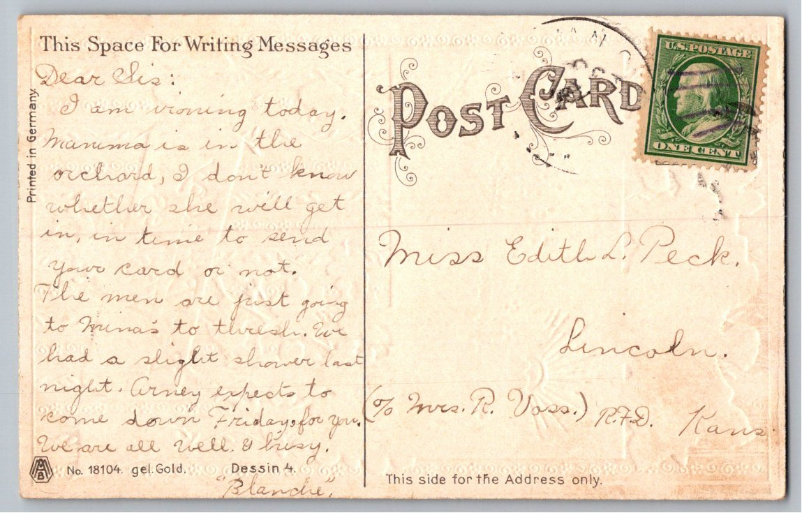 Antique 1910 Gold Embossed Birthday Postcard: Floral Cottage - Back / Reverse View