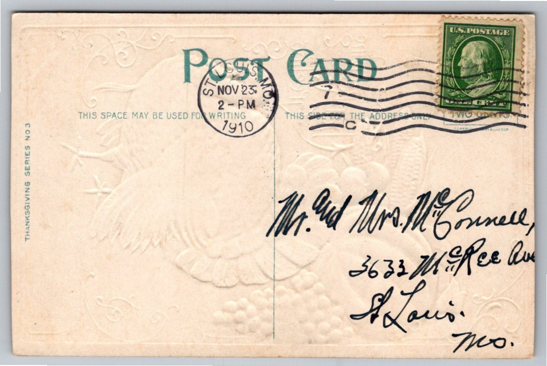1910 Embossed Thanksgiving Greeting Postcard: Turkey & Harvest - Back / Reverse View