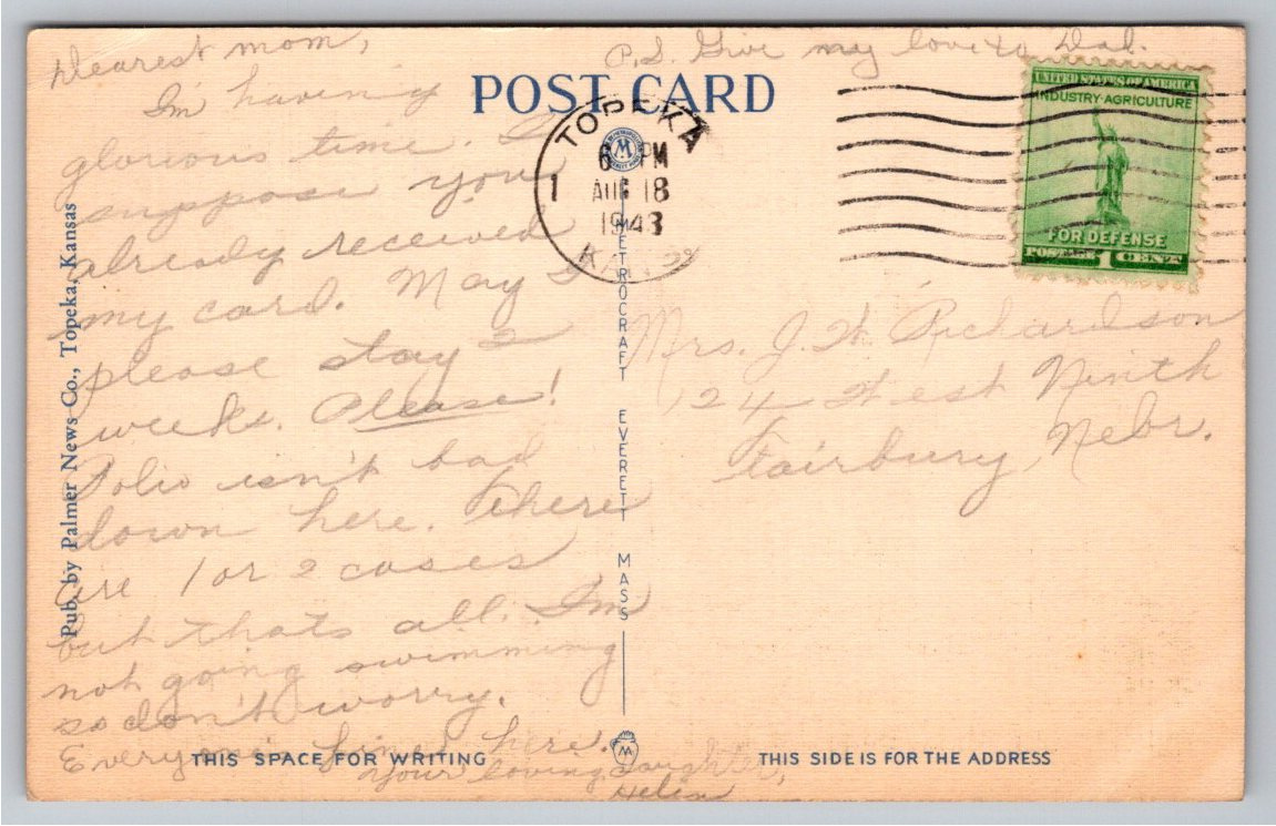 1943 SBA Hospital Beauty Spot Topeka Kansas Vintage Linen - Back / Reverse View