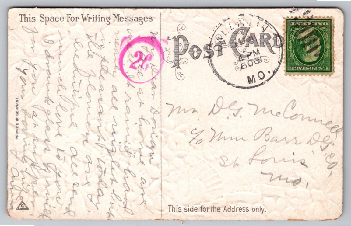 1908 Embossed German Fan Postcard: Winter Church & Floral - Back / Reverse View