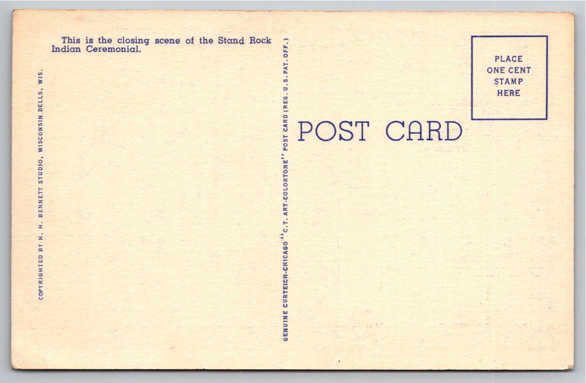 1941 Stand Rock Indian Ceremonial Wisconsin Dells Flag Postcard - Back / Reverse View