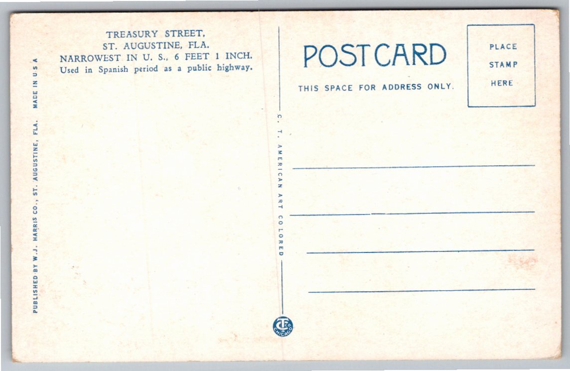 Vintage Treasury Street Postcard: St. Augustines Narrowest - Back / Reverse View