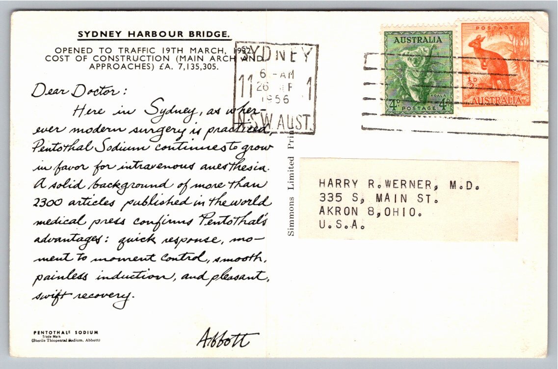 Vintage 1956 Sydney Harbour Bridge Postcard Abbott Pentothal - Back / Reverse View