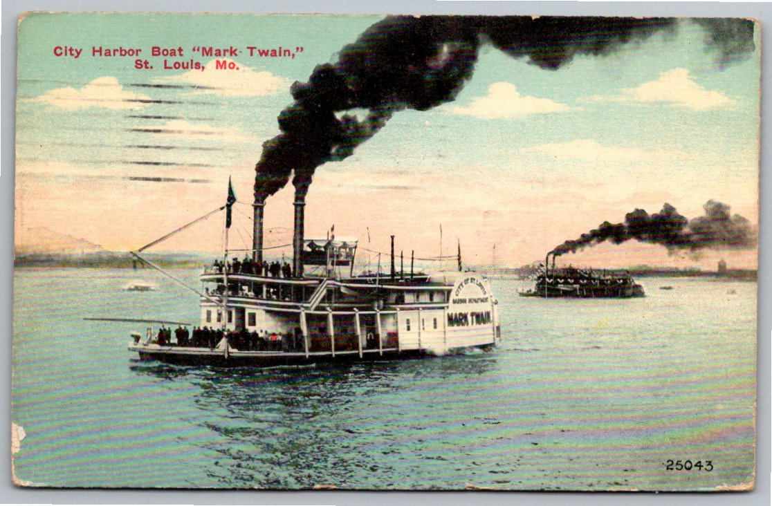 1911 St. Louis City Harbor Boat Mark Twain Steamboat Postcard