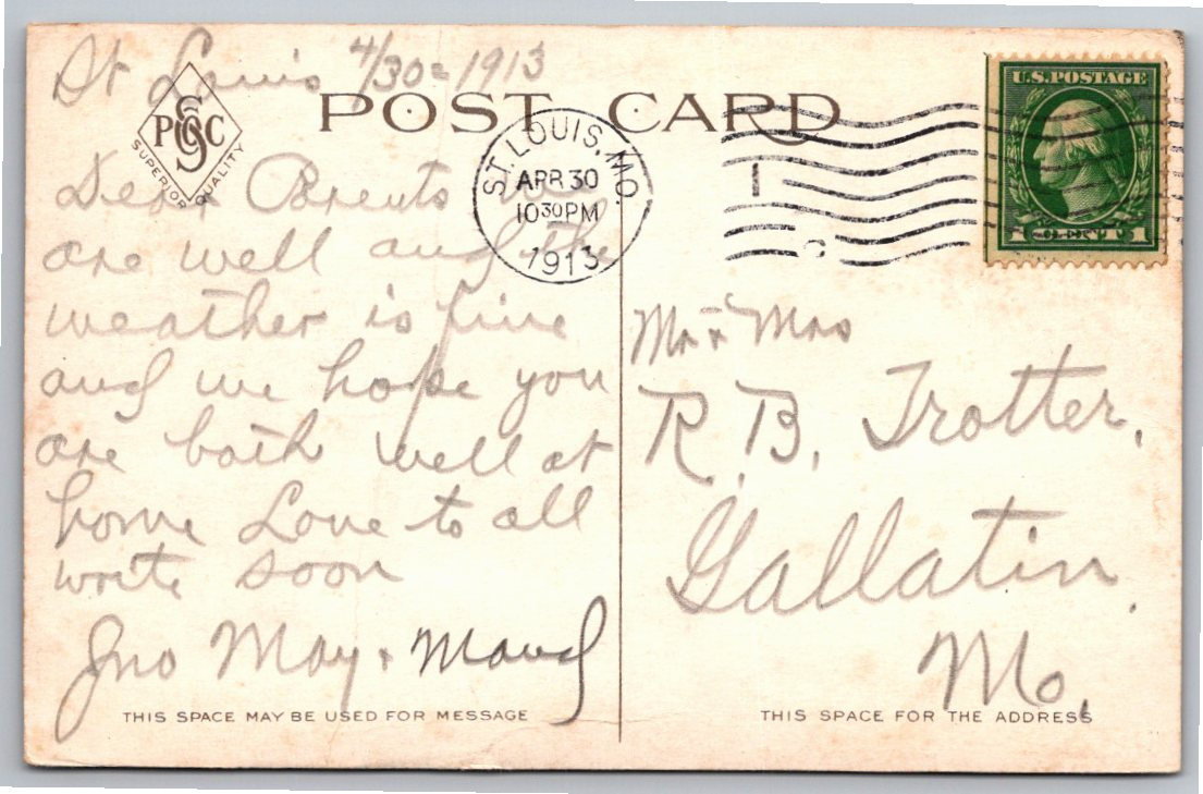 1913 Ulysses S. Grant Log Cabin St. Louis Vintage Color Postcard - Back / Reverse View