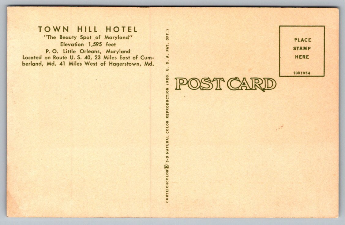 Vintage Postcard: Town Hill Hotel Little Orleans MD Route 40 View - Back / Reverse View