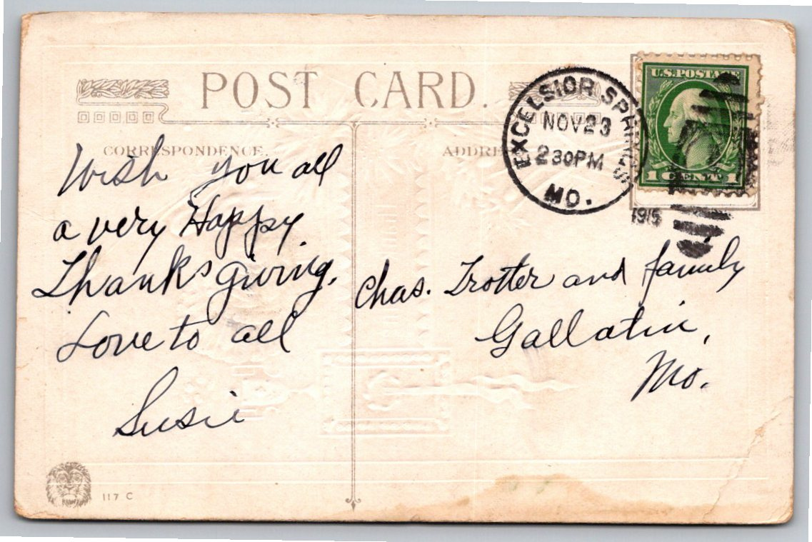 Vintage 1915 Embossed Thanksgiving Postcard with American Flag - Back / Reverse View