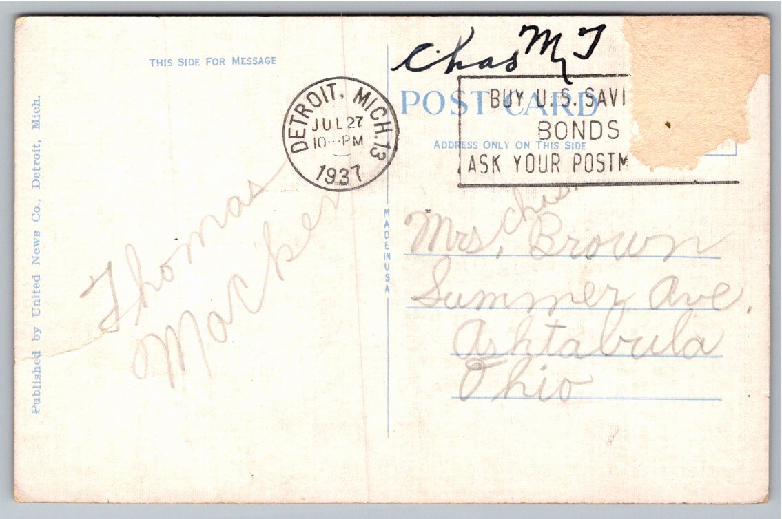 Vintage 1937 Fisher Building Detroit Night Illumination Postcard - Back / Reverse View