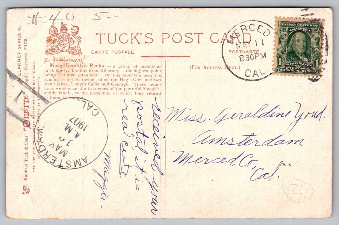 Antique Tucks Oilette Postcard Ireland MacGillycuddy Reeks 1907 - Back / Reverse View