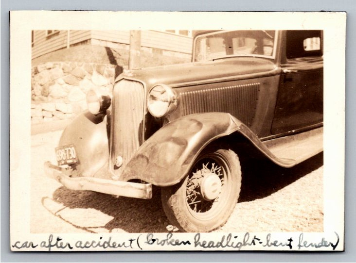 Vintage 1933 Plymouth Car Crash Snapshot: B&W Automotive Photo
