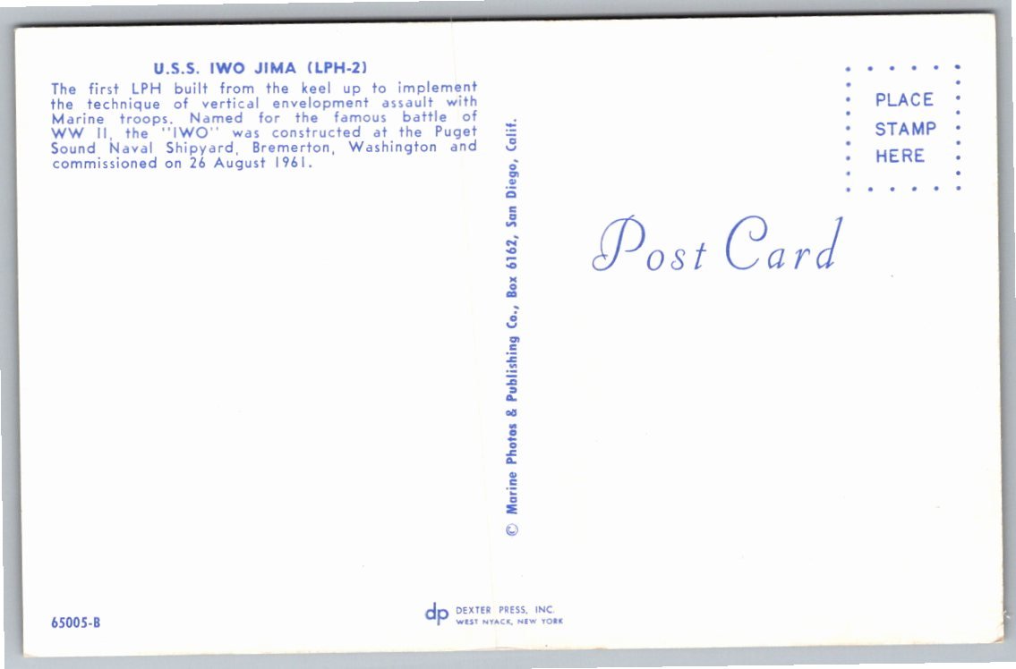 Vintage USS Iwo Jima LPH-2 Navy Amphibious Assault Ship Postcard - Back / Reverse View