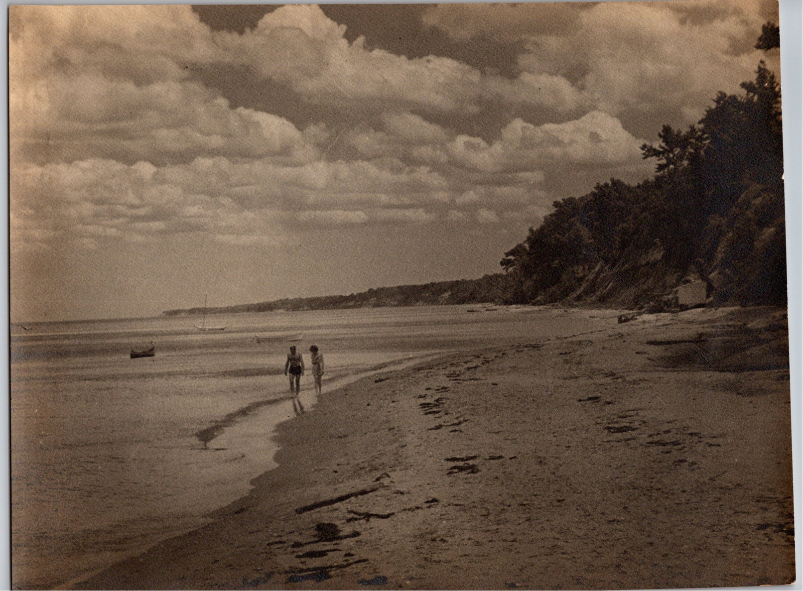 Vintage 1940s Large Format Photo Print: Couple Walking Beach