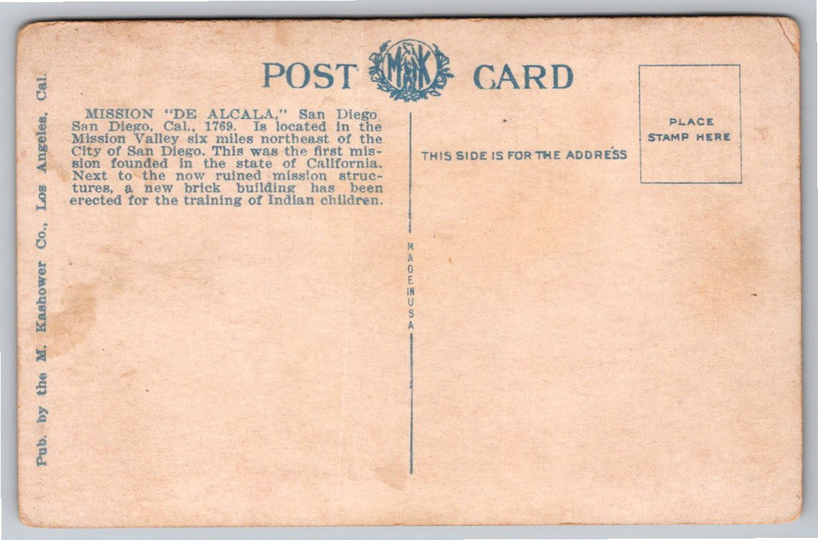 Antique 1910s Mission San Diego de Alcalá California Postcard - Back / Reverse View