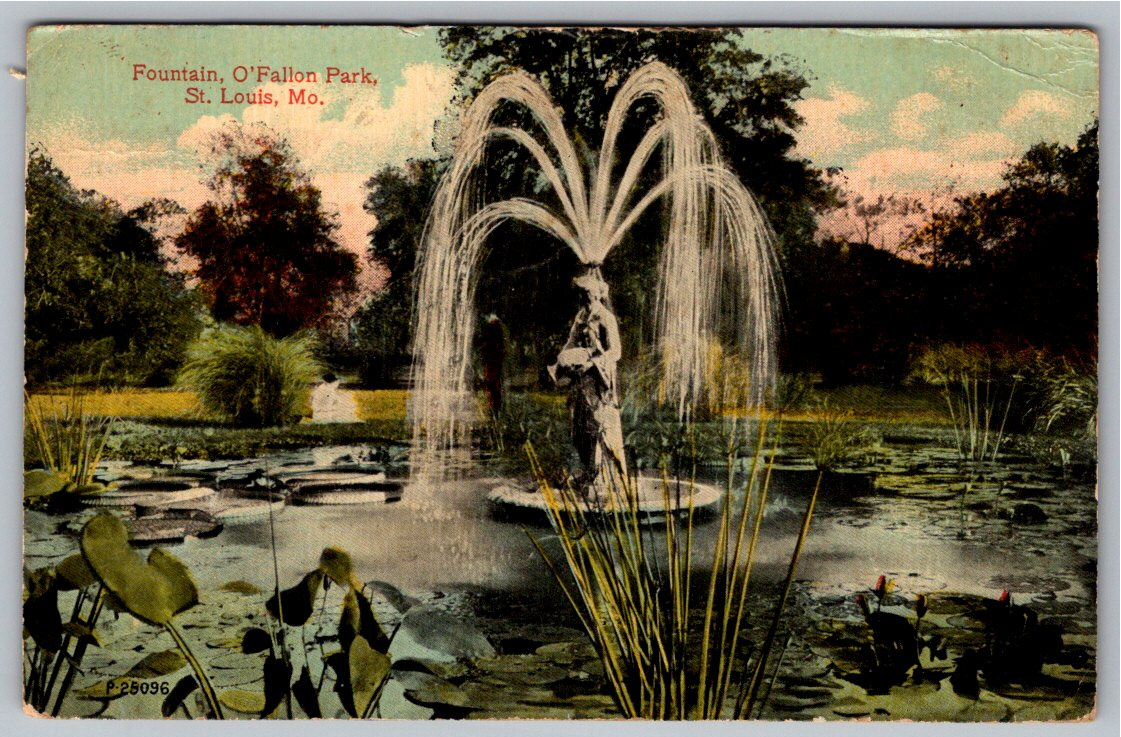 1910 O'Fallon Park Fountain & Water Lilies St. Louis Postcard